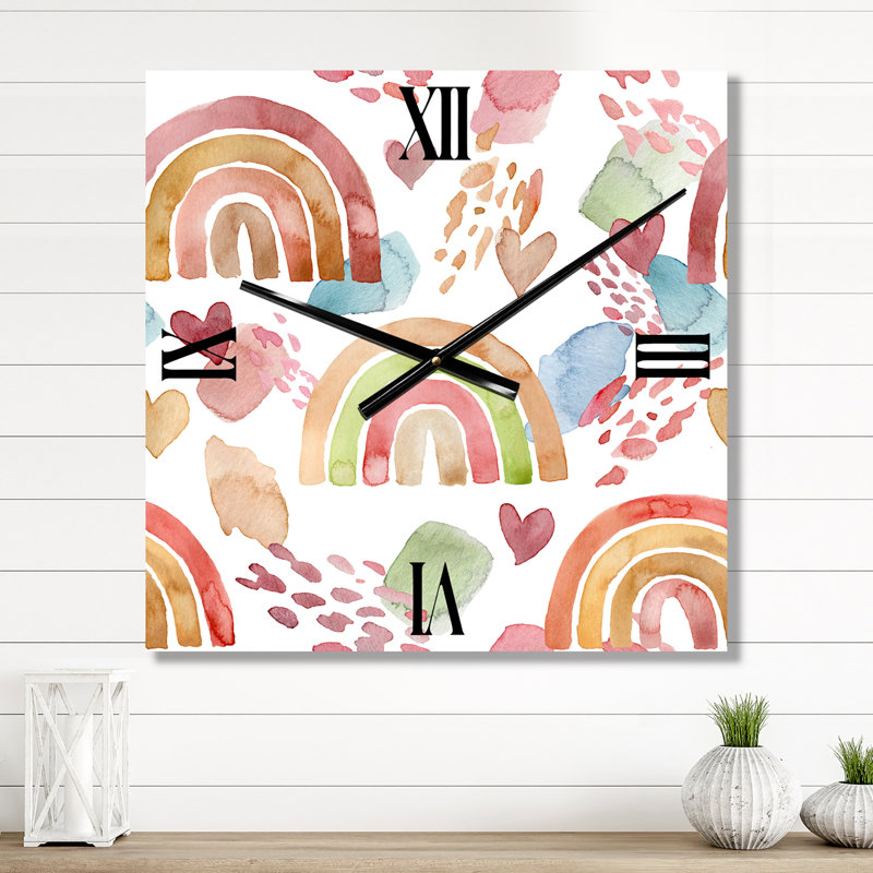 Multicolore arc-en-ciel avec nuages et cœurs - horloge murale pour enfants, Petit