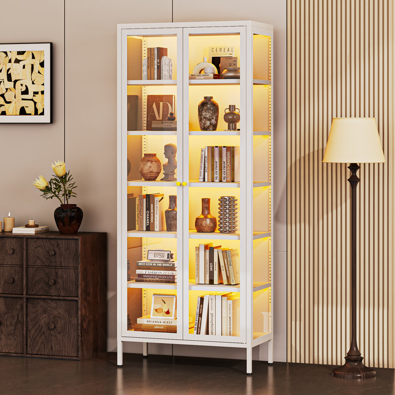 3-Sided Glass Dining Cabinet With Lights, Metal Display Stand, White