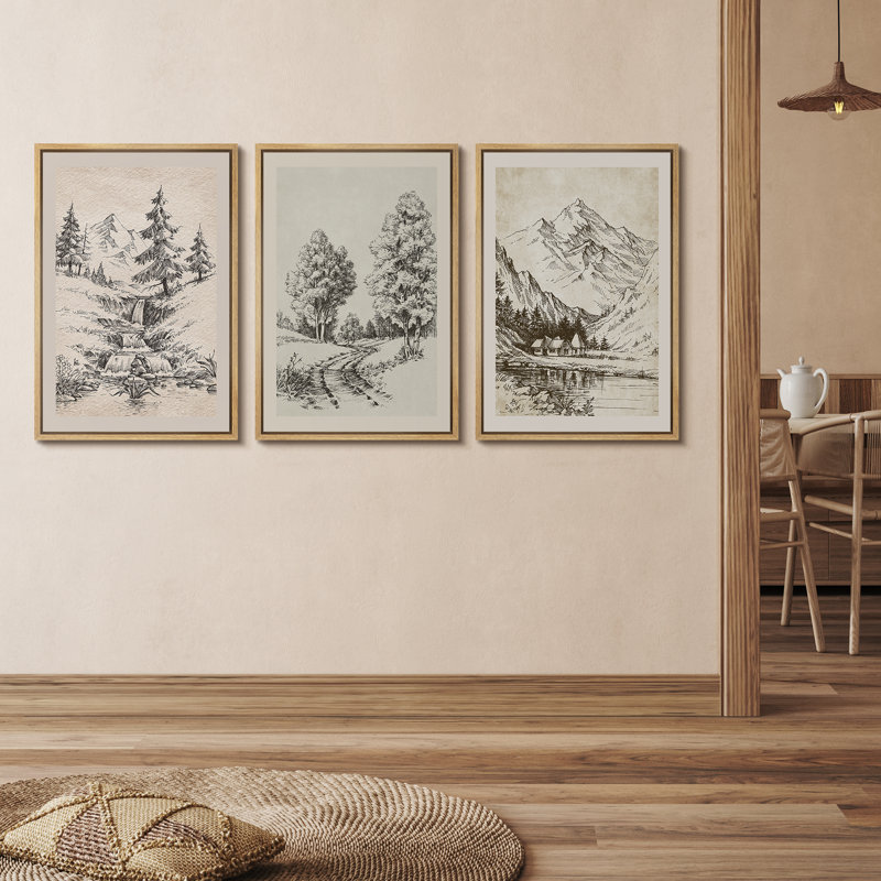 «Vintage Countryside Forest Mountain River Nature Landscape», art mural sur toile 3 pièces, H 36 po x l 24 po x P 1,5 po
