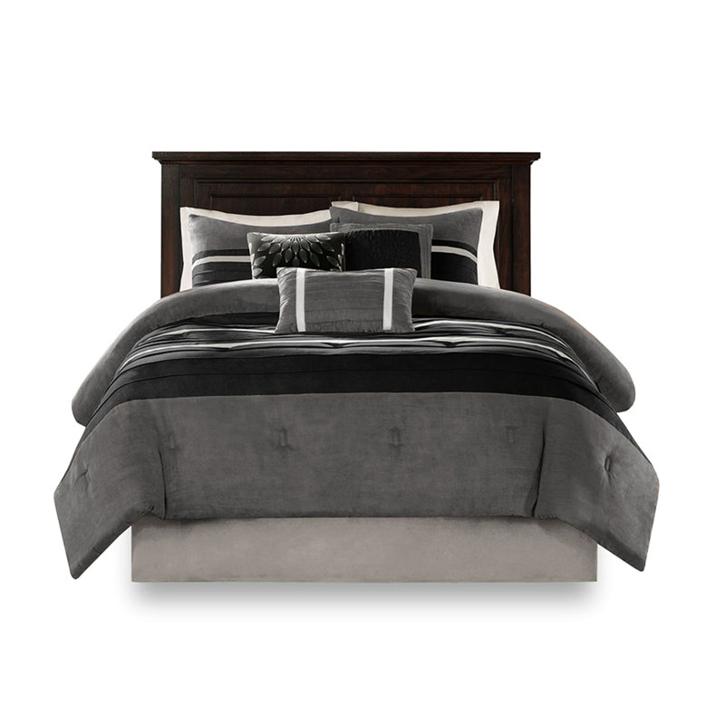 Édredon 7 pièces en faux suède double - noir 2 taies décoratives et 3 coussins décoratifs pour une élégante jupe de lit assortie