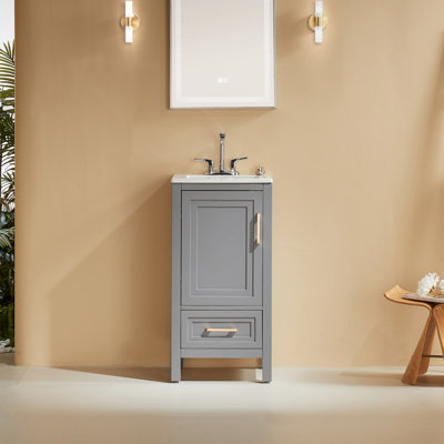 Ensemble de meuble-lavabo simple autoportant en bois massif 18 po avec lavabo intégré en céramique et 2 poignées