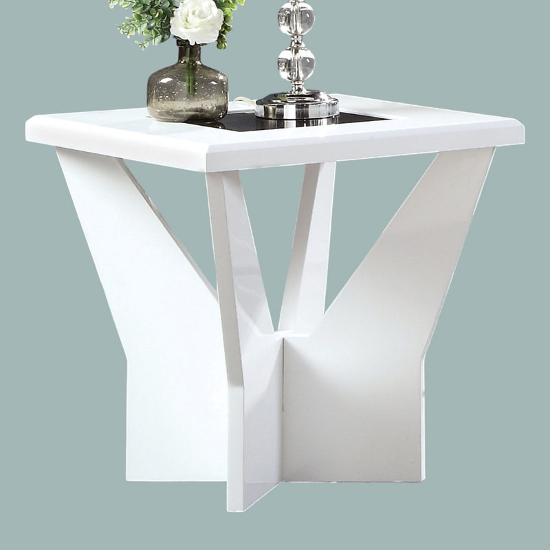 Table de bout blanche ultrabrillante de style contemporain avec base en verre trempé et géométrique, d'une profondeur de 22 pouces, d'une hauteur de 24,22 po, d'une seule pièce offrant la largeur du dessus, une hauteur, 1 liste