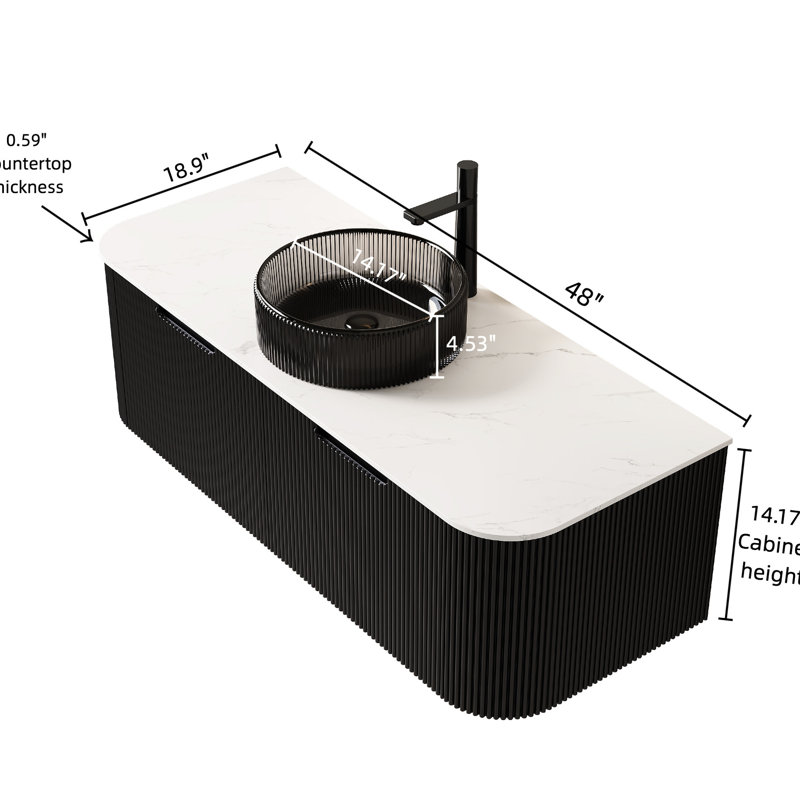 Meuble-lavabo mural de 48 po avec lavabo en verre noir transparent, rangement à 2 tiroirs avec rayures françaises de style français, système de fermeture en douceur, contreplaqué haute résistance de 18 mm d'épaisseur, pré-assemblé et