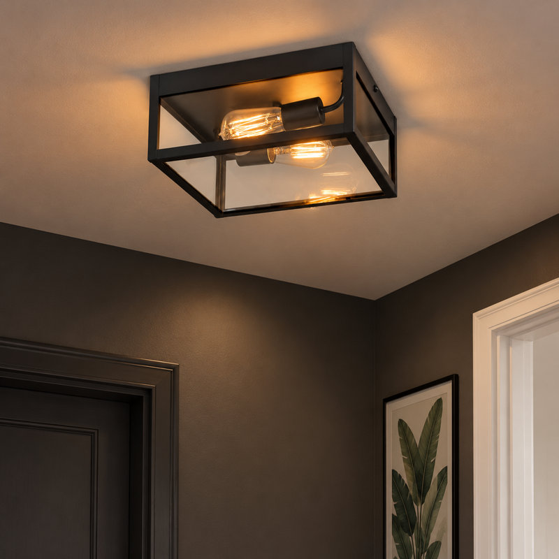 Plafonnier encastré 2 lumières 12 po noir mat avec abat-jour en verre transparent