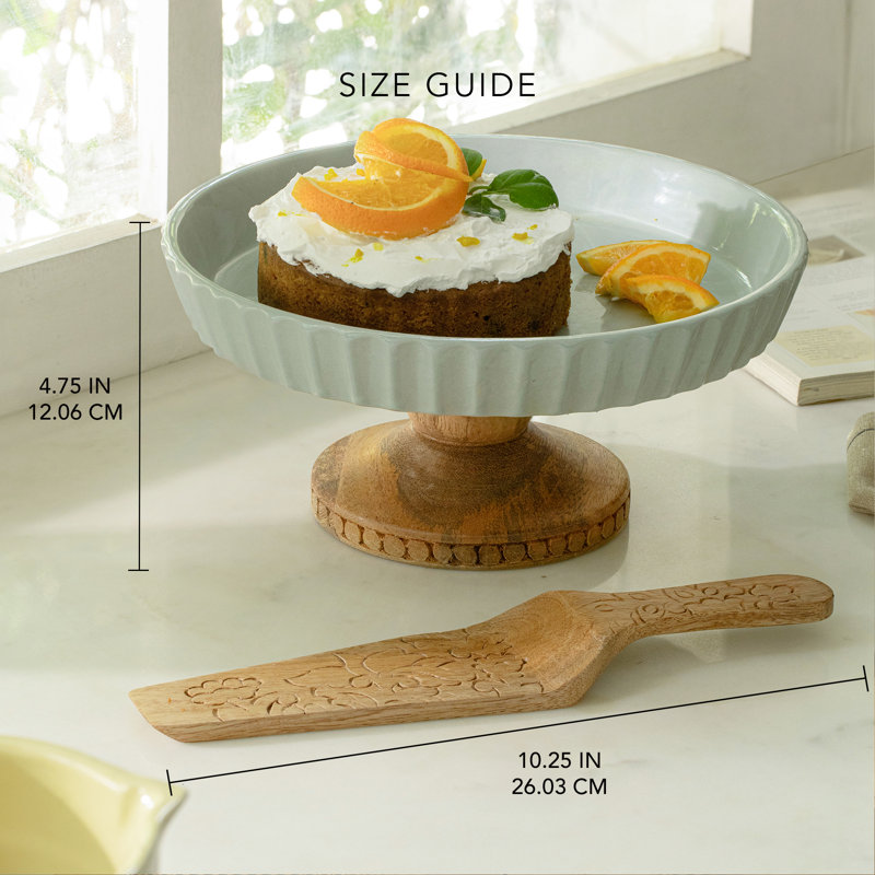 Upper Crust Ceramic Cake Stand with Server, Handcrafted Round Dessert Display Stand for Cakes, Tarts, Weddings, and Birthdays
