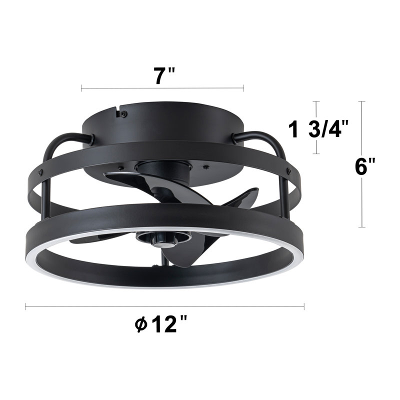 12 In. Black Low Profile Colour Changing Led Flush Mount With Remote And App Smart Control Indoor Ceiling Fan With Dimmable Lighting