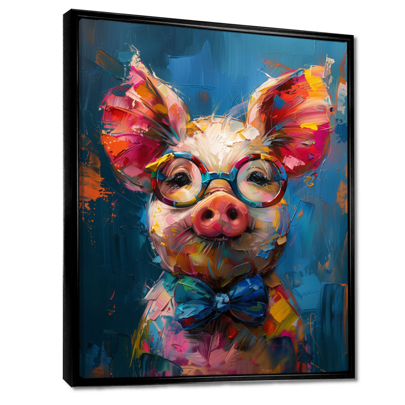 Curieux portrait de cochon bleu et rose, Toile avec cadre flottant noir, H 32 po x l 16 po x P 1 po