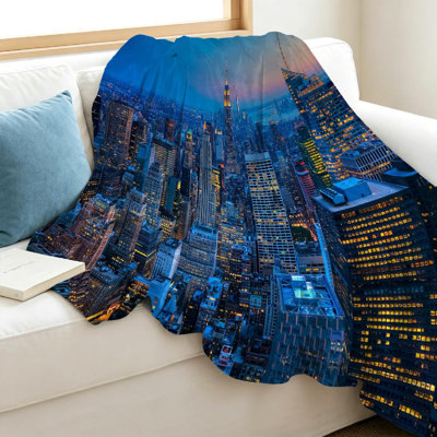 Jeté en molleton bleu ultra doux, imprimé Manhattan