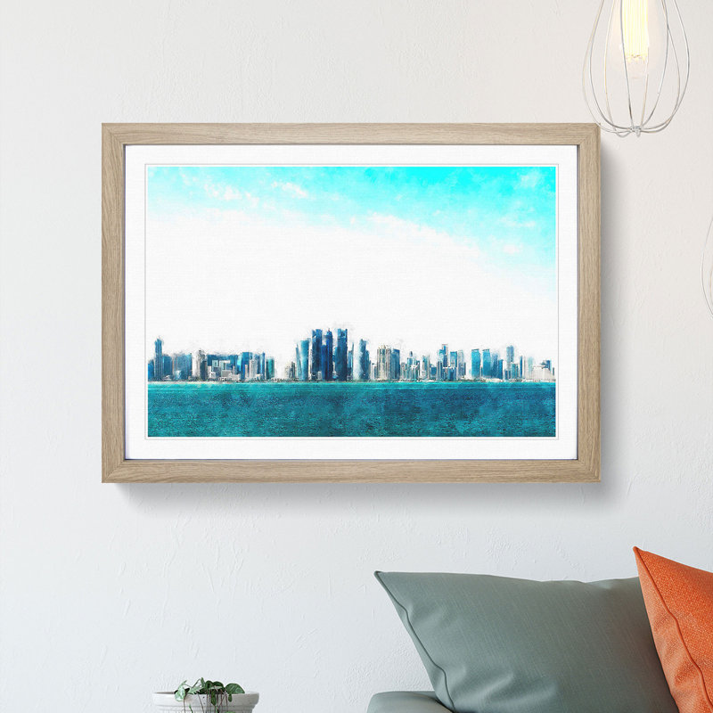 Skyline of Doha in Qatar - Framed Print, 24cm H x 33cm W x 2cm D, Oak Framed
