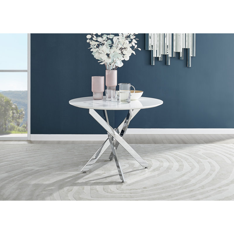 Eubanks Luxury Metal and White Gloss Round Dining Table - Modern Statement Design, Silver, 75 x 100 x 100cm