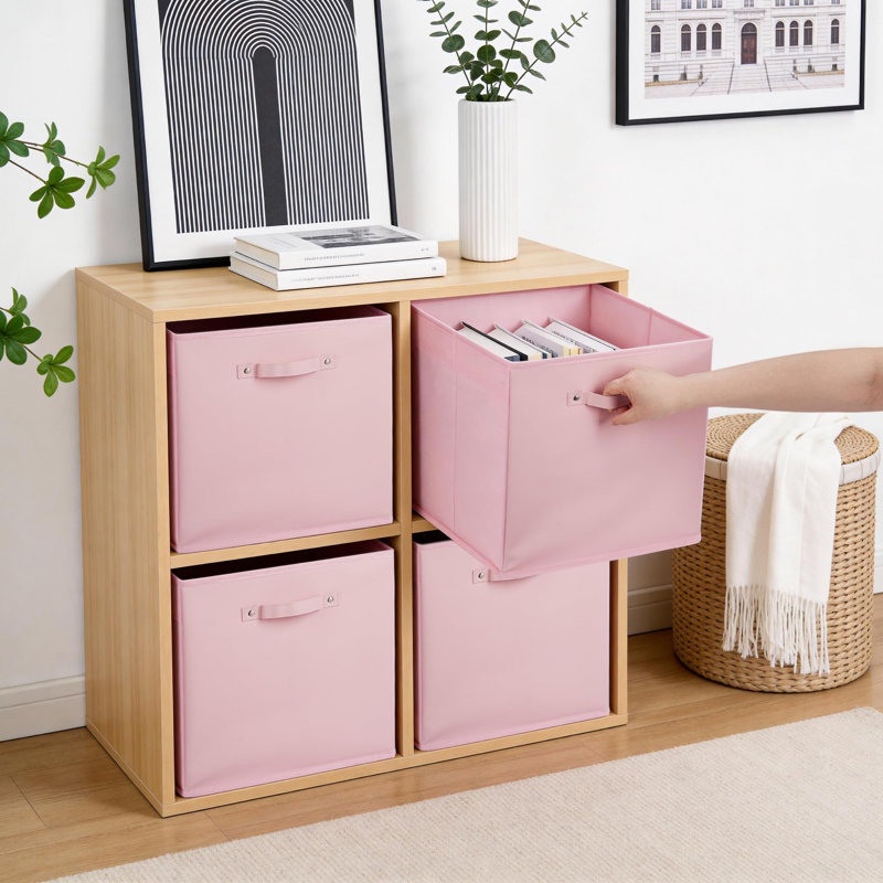 Ensemble de 6 paniers de rangement pliables en tissu avec poignée, Pink