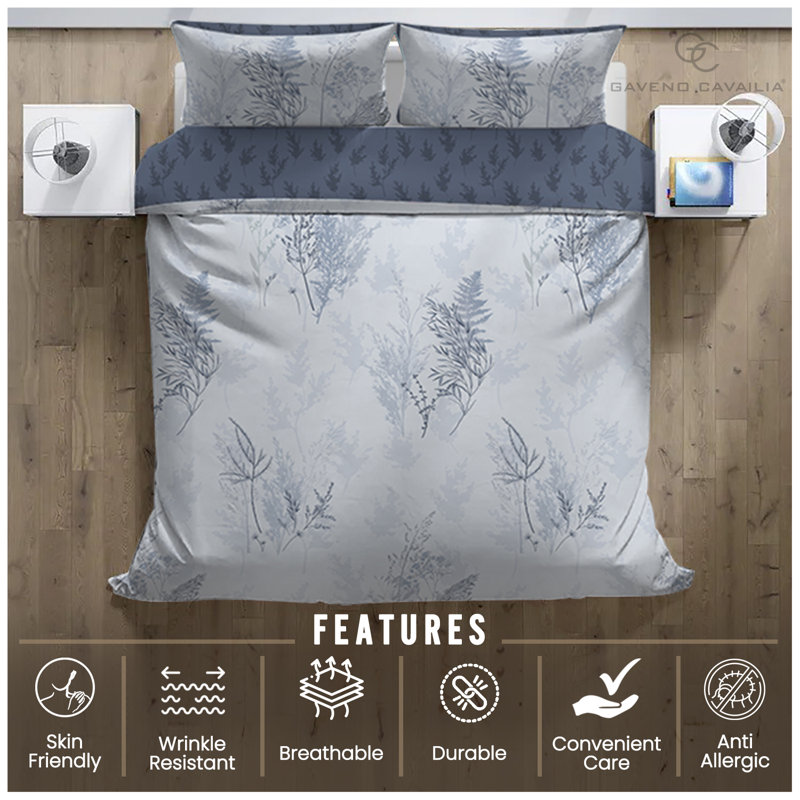 Polycotton Botanical Duvet Cover Set with Pillowcases, Lightweight Breathable Soft Fabric Bedding, Available in Sinlge Double King