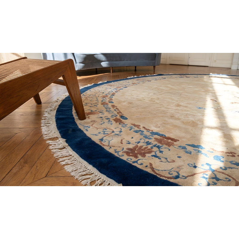 Wool 1930s Chinese Knotted Room Size Antique - Peking Oval Ivory Rug