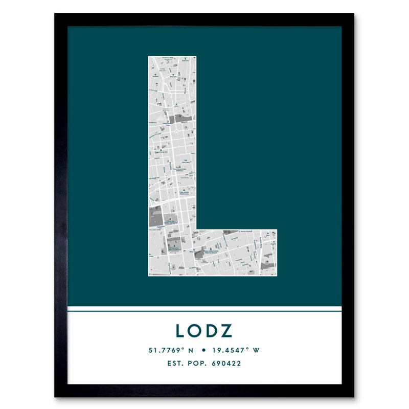Lodz City Map Lodz Teal 1 Piece Single Picture Frame Wall Art