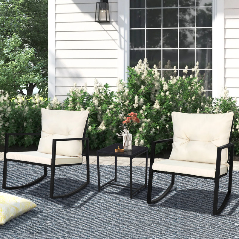 Kinzie Wicker 3 Piece Outdoor Rocking Chairs set, Patio Bistro Set with Cushions and Coffee Table, Ivory, Black