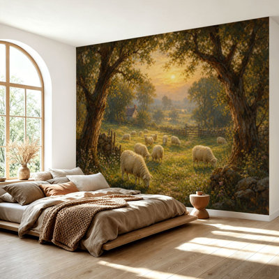 Wall Mural Peel and Stick Wallpaper Vintage Flock Sheep Farmhouse Landscape Farm Animal Meadow Pasture Self-Adhesive Removable Contact Paper Wall Decor for Living Room Bedroom 69"H x 96"W