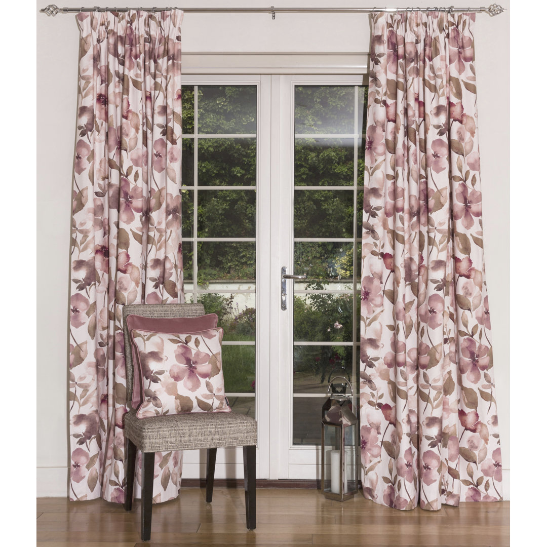 Rosalind Wheeler Blush Rose Curtains 2 Panels | Light Pink Floral Pattern Made To Order Curtains & Drapes | Cotton Eyelet Fully Lined