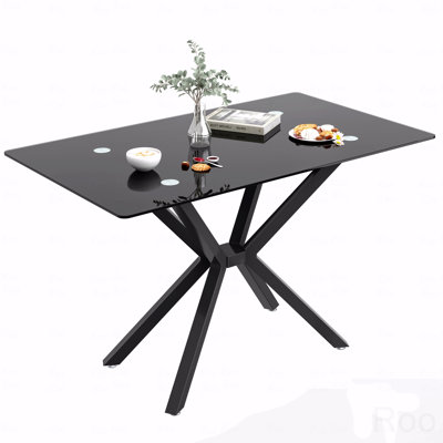 Table de salle à manger rectangulaire 47,24 "en verre trempé, design élégant avec pieds en métal noir
