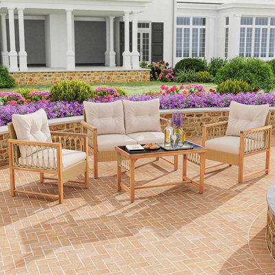 4 Pcs Patio Furniture Set With Acacia Wood Frame Cushions And Coffee Table