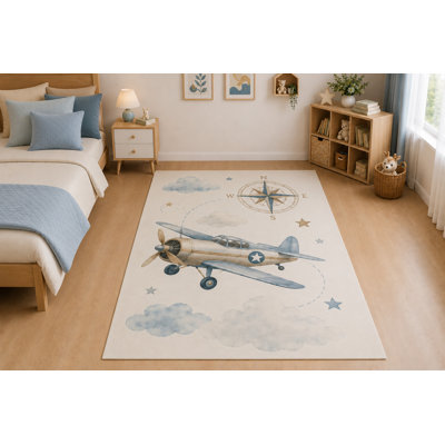 Tapis d'extérieur « Ultra Fin » 152 x 213 cm (5 pi x 7 pi) à motif d'avion et de boussole, idéal pour la chambre d'enfant, la chambre à coucher, le salon et le bureau à domicile. Moquette douce à poils courts avec envers antidérapant en silicone.