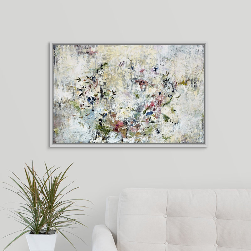 « floral couronne », peinture sur toile, Cadre flottant blanc, H 13,7 po x l 19,7 po x p 1,75 po