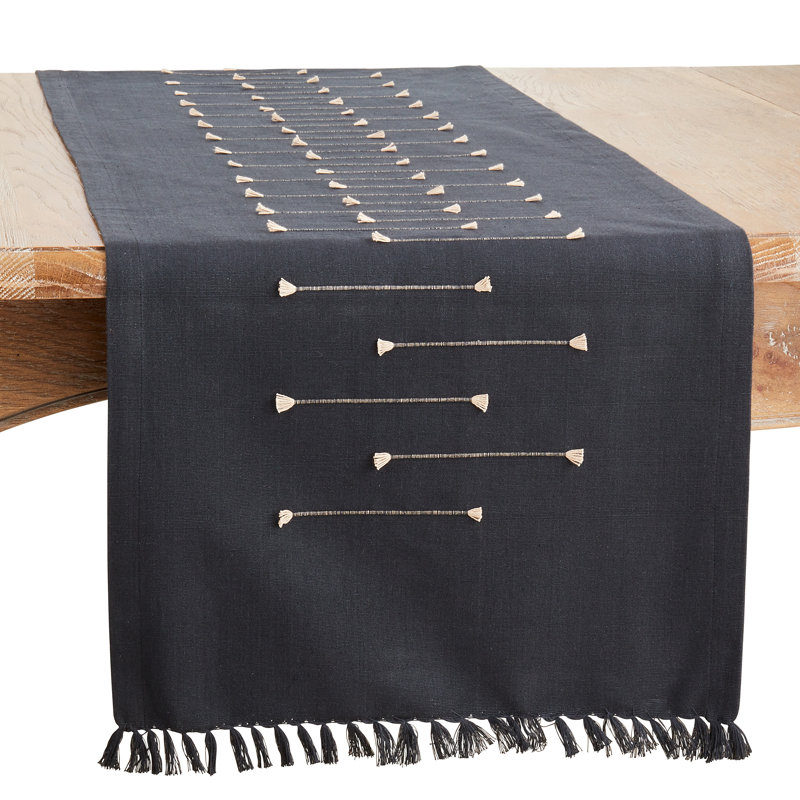 Runner_Fringe Table Runner With Line Design, Black