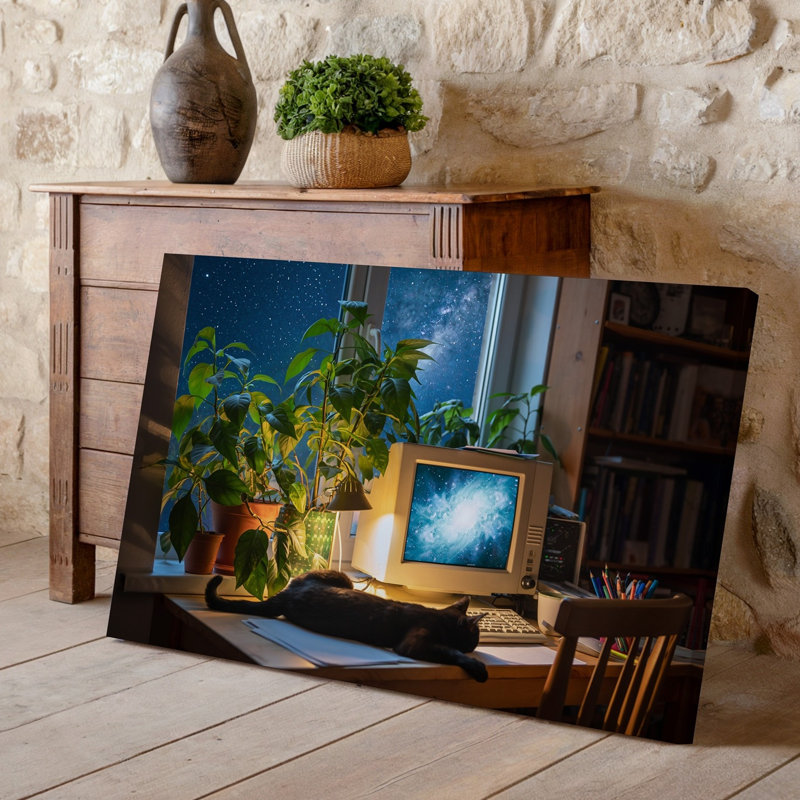 Toile, une scène d'intérieur douillette représentant un bureau encombré baigné dans un art mural, H 9 po x l 12 po