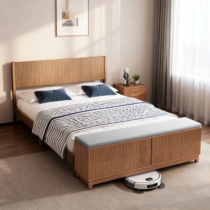 Full Natural Oak Wood Bed Frame With Built-In Footboard Storage Bench,4 Drawers,Headboard,Heavy Duty,No Box Spring Needed,Mid-Century Modern Style