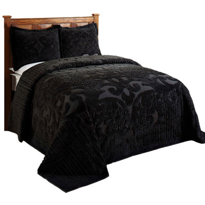 Ashton Chenille Bedspread Full/Double Size, 100% Cotton Floral Medallion Coverlet, Traditional Textured Heirloom Bedding, Soft Breathable All-Season Comfort, OEKO-TEX Certified, Machine Washable, Black