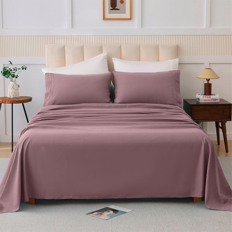 Ensemble de draps 4 pièces de couleur unie avec fibres ultra-fines convenant aux chambres familiales, Rose