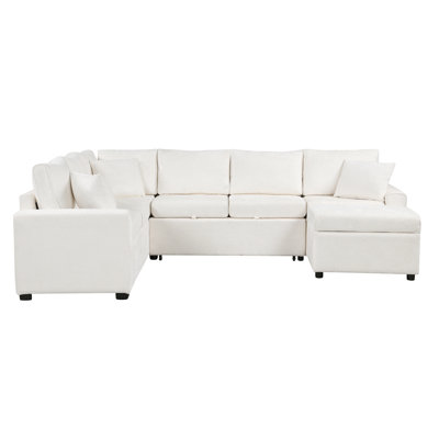 112.2" Sectional Sofa Pull-Out Sofa Bed Sleeper With A Storage Ottoman,Three Pillows And Charging Devices For Living Room, Cream