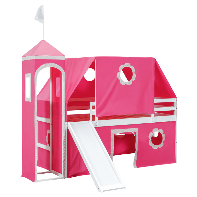 Queribus House Bed With Ladder And Storage Drawers, Solid Wood And Plywood, Twin, Red Pink