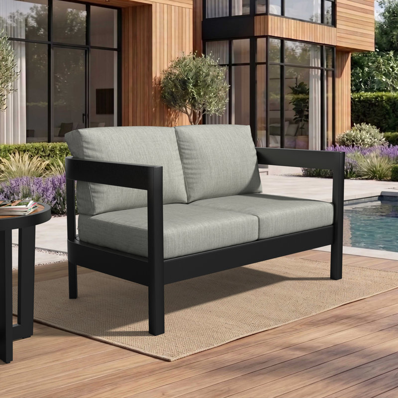 Sunbrella® - Banc d'extérieur arrondi à dossier demi-tonneau et coussin de siège / dossier, Sunbrella® Relate Harbor