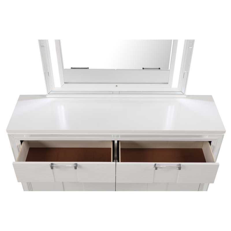Commode 6 tiroirs avec finition grain de bois en relief et garniture de tiroir en miroir blanc éclatant