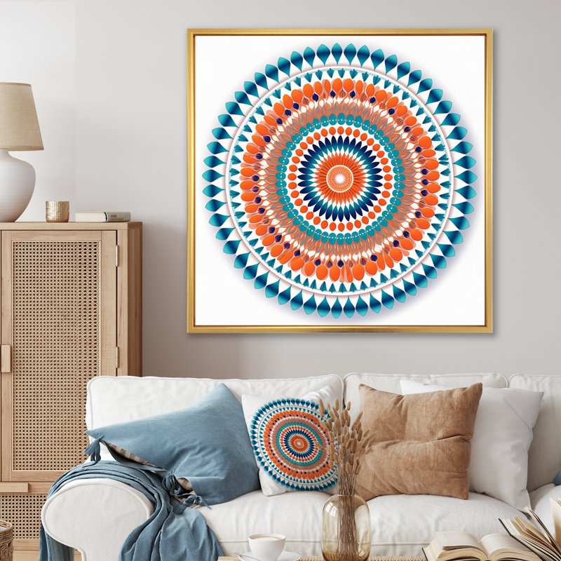 Exquis mandala en rétro bleu et orange sur toile, H 24 po x l 24 po x P 1 po, Cadre flottant doré