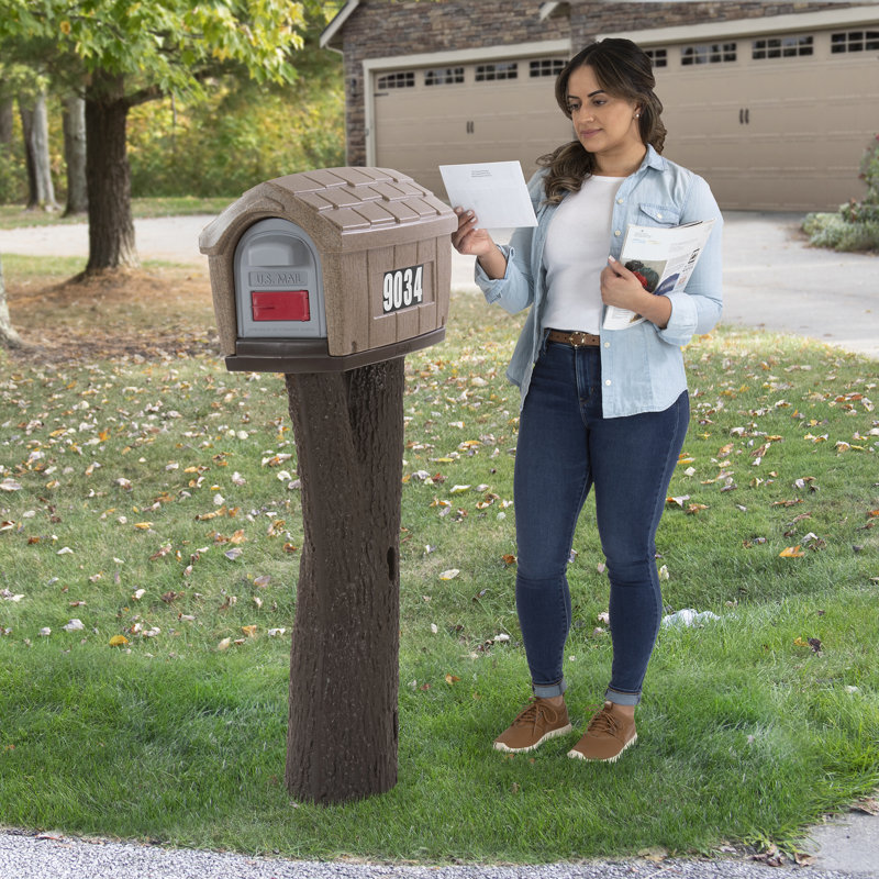 Plastic Post Mounted Mailbox with Magnetic Closure, Sandstone 
