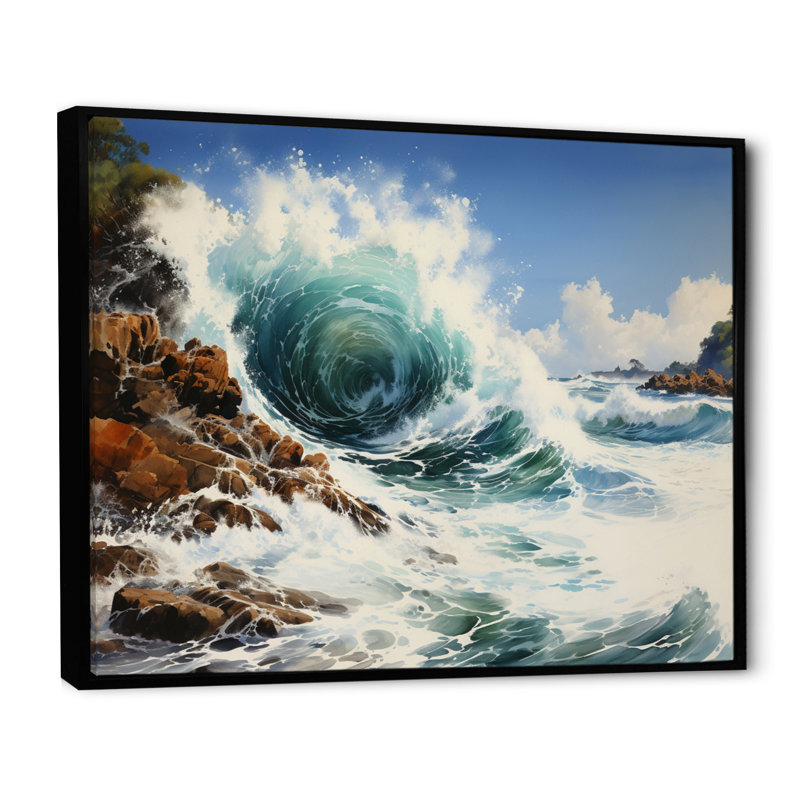 Tempête vagues de fureur I - décoration murale nautique et plage, H 12 po x l 20 po, Cadre flottant noir
