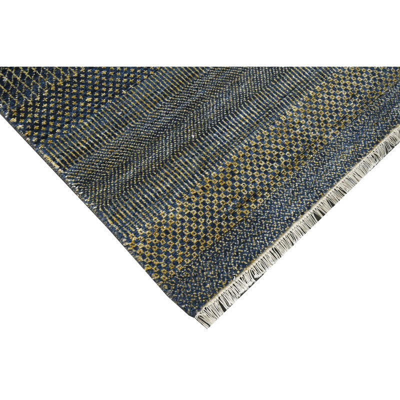 High-Quality Hand-Knotted Denim Blue And Gold Area Rug