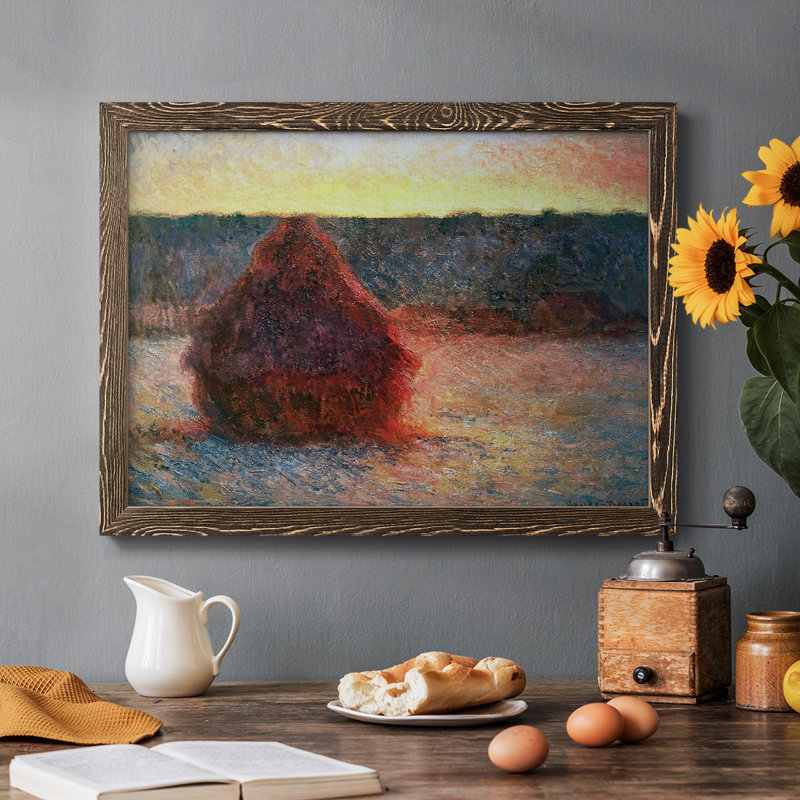 «Grainstack at Sunset, Winter, 1890» par J Paul - reproduction d'art sur toile simple, Cadre photo simple noyer