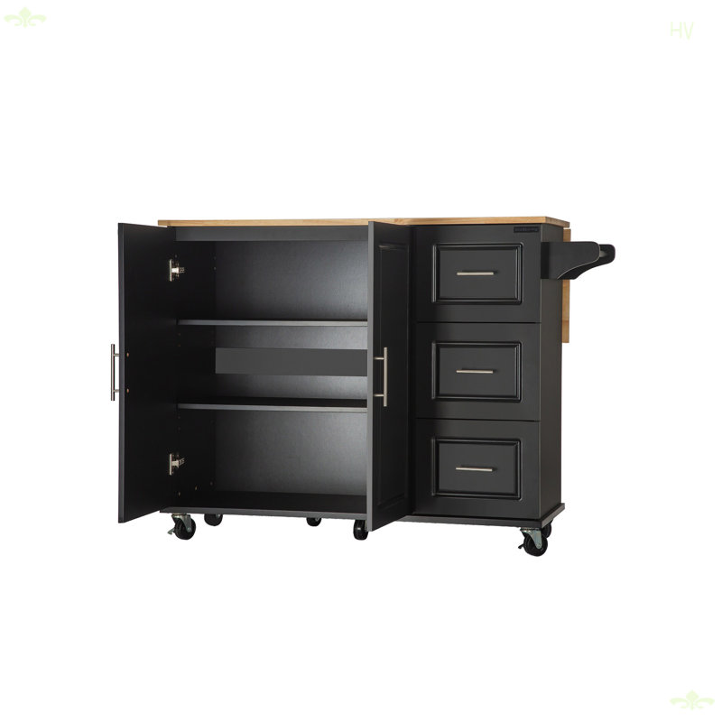 Mobile Kitehcn Island avec plateau en bois d'hévéa extensible, Noir, noir, noir, noir