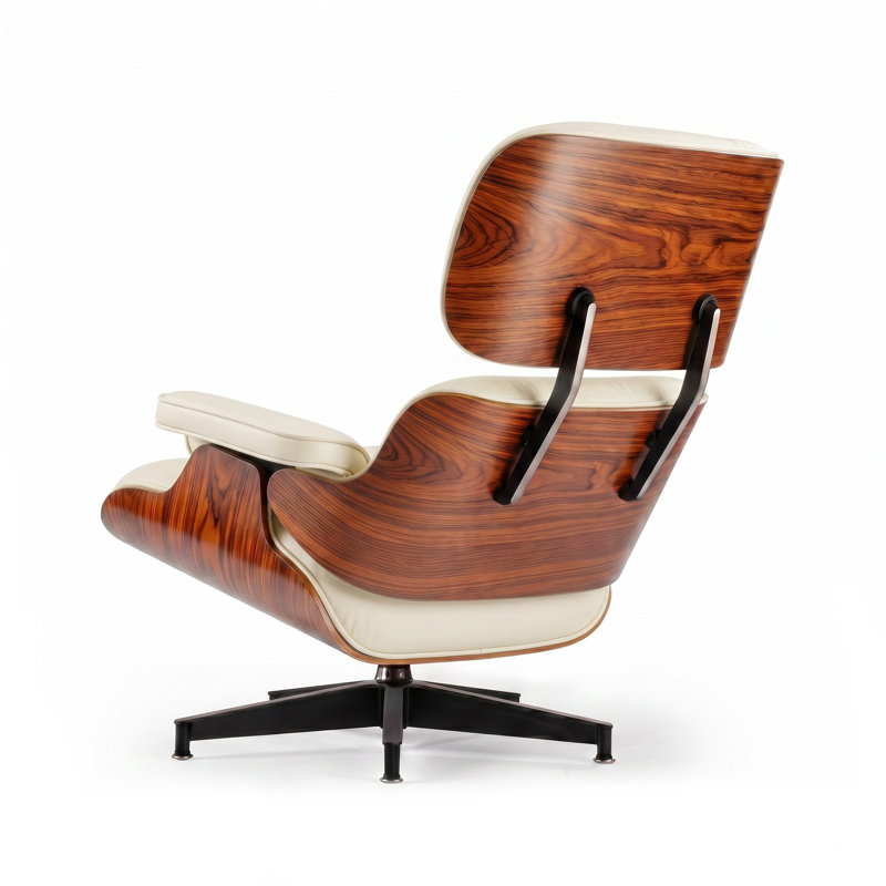 Chaise longue pivotante en cuir Mid-Century avec repose-pieds, coque en bois double face et base en aluminium