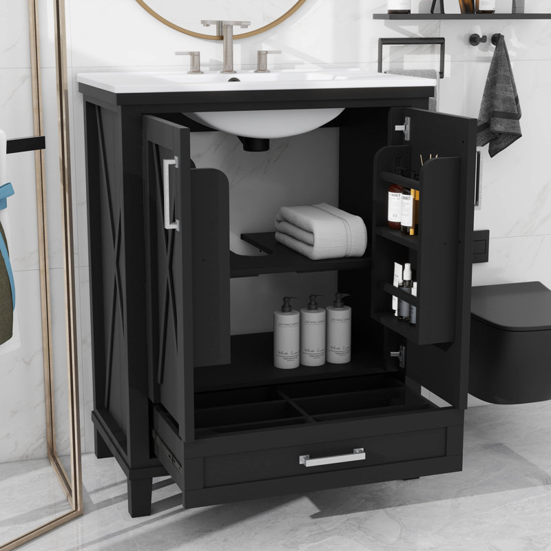 Ensemble de meuble-lavabo simple 24 po 2 portes à fermeture en douceur 1 tiroir divisé 2 tablettes de rangement