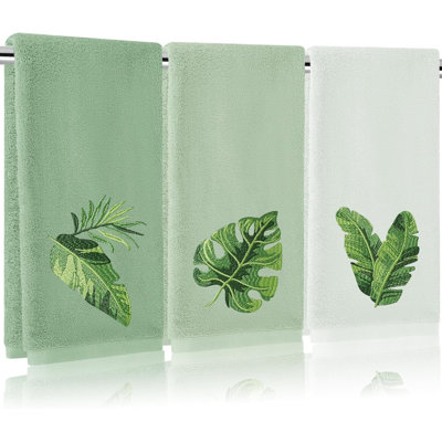 3 Pcs Sage Green Gradient Hand Towels Tropical Palm Leaves Embroidered Cotton Bathroom Towel Absorbent Bath Towel for Hand Drying Cleaning Cooking