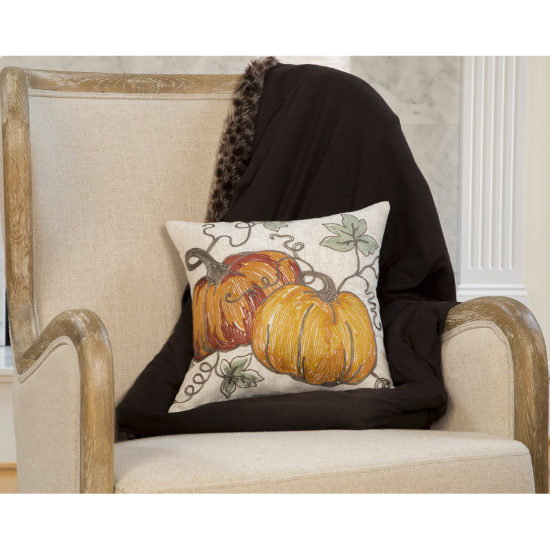 Rustic Pumpkin Crewel Embroidered Fall Pillow, 14 By 14-Inch