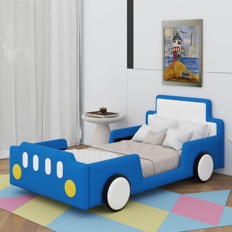 Twin Size Race Car-Shaped Bed With Wheels, Blue