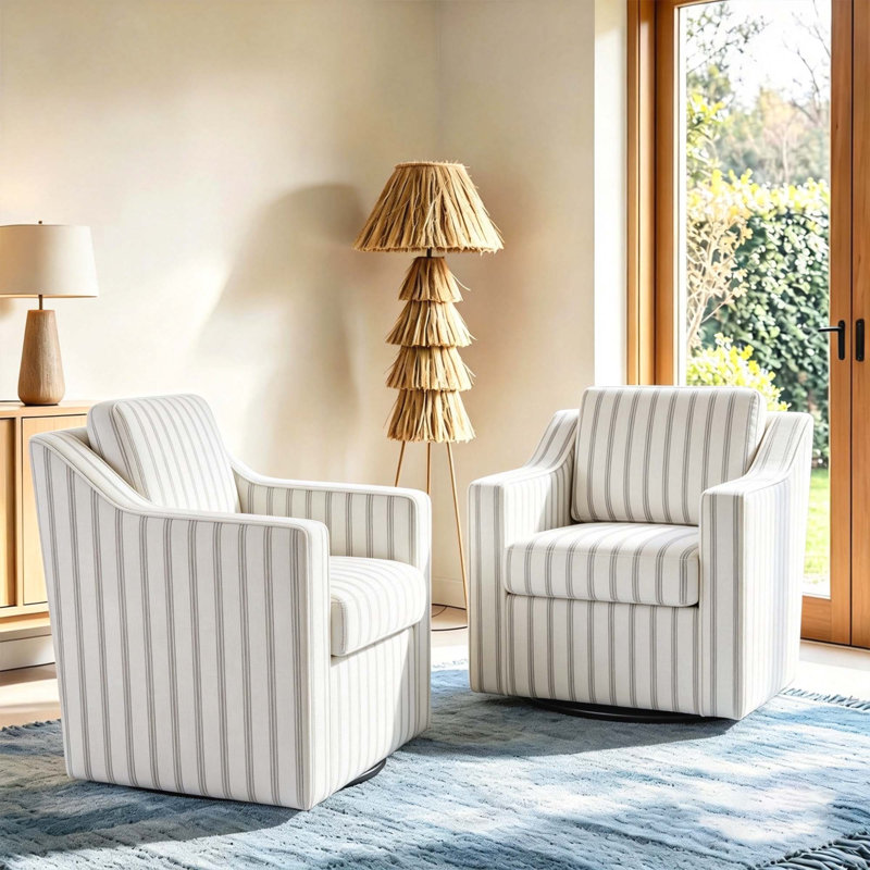 Bronnen Big And Wide Upholstered Pinstripe Gray Cushion Swivel Armchair with Removable Back and Seat Cushion (Set of 2)