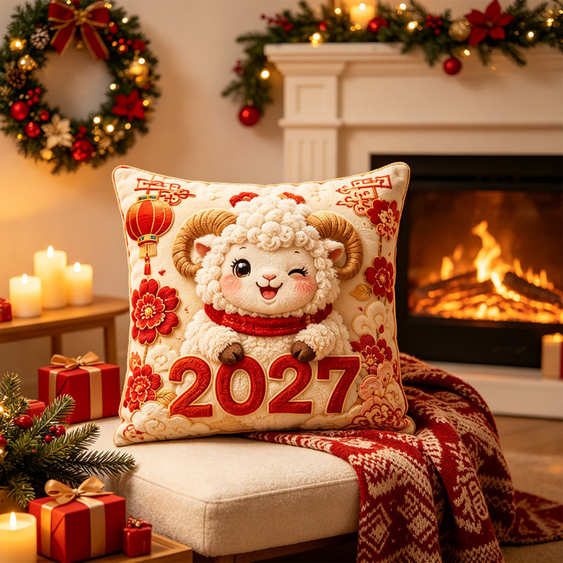Taie d'oreiller décorative de Noël avec un agneau mignon, coussin en fibre de polyester, taie d'oreiller décorative