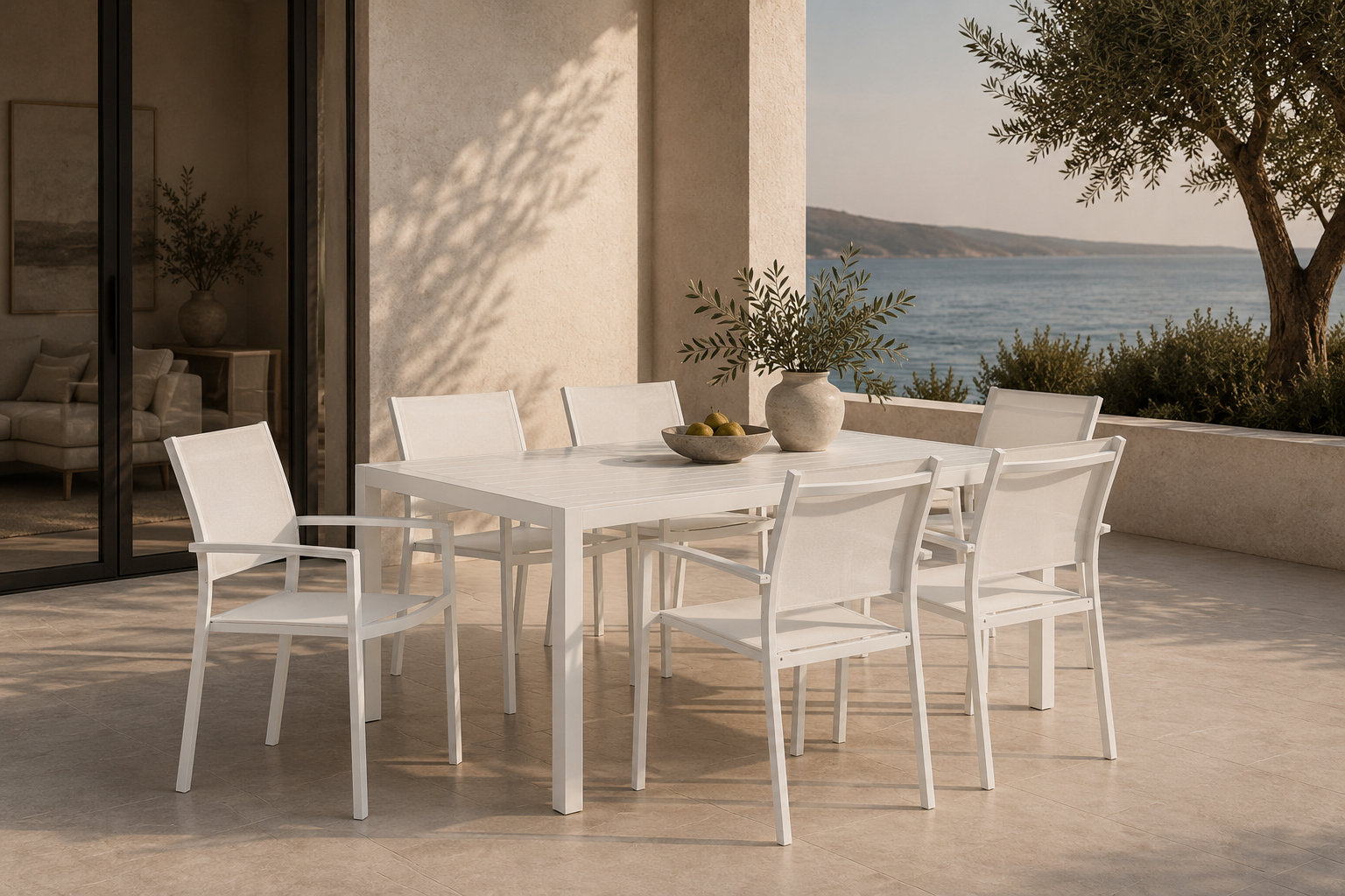 Aynura 71" Patio Dining Set, White Frame/White Top