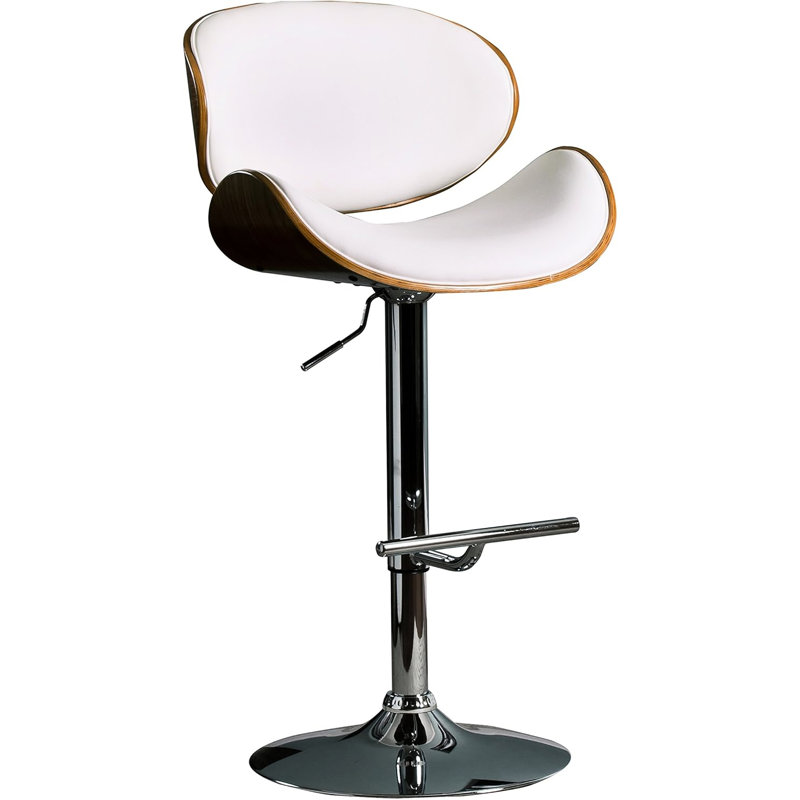 Tabouret de bar pivotant contemporain blanc, structure au fini noyer, conception moderne, base à piédestal réglable de 36 à 44 pouces, siège rembourré et tabouret de 21 x 21 pouces avec structure à dossier incurvé,