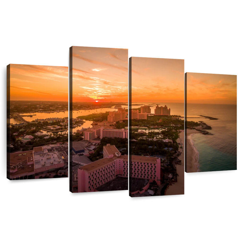 Bahamas, complexes hôteliers au coucher du soleil, H 27 po x l 43 po